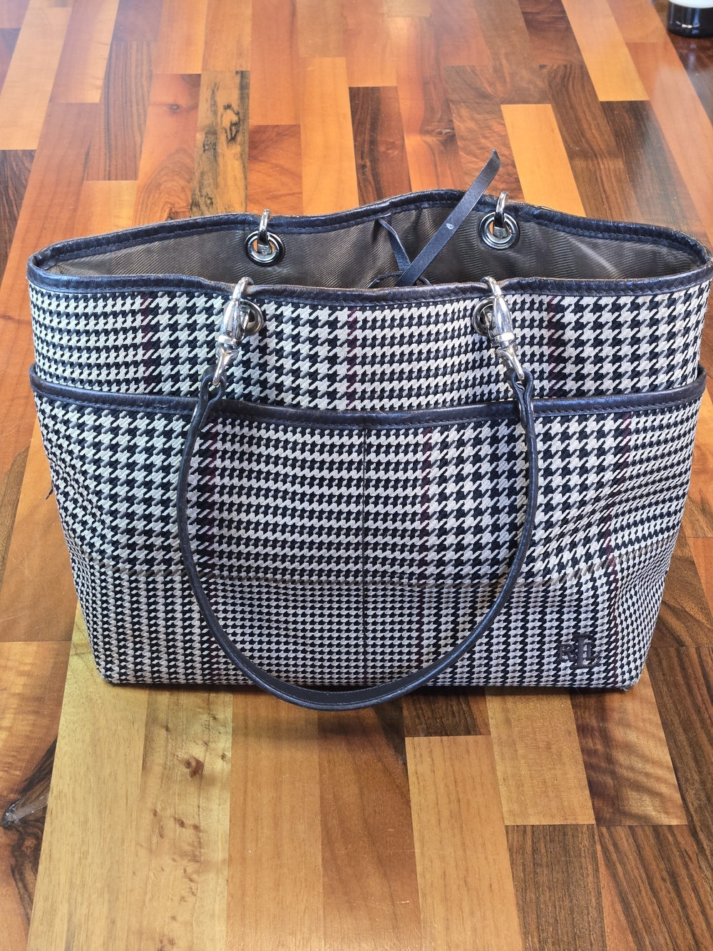 ​Vintage 90s Lauren Ralph Lauren Brown Houndstooth Tote Bag - Excellent